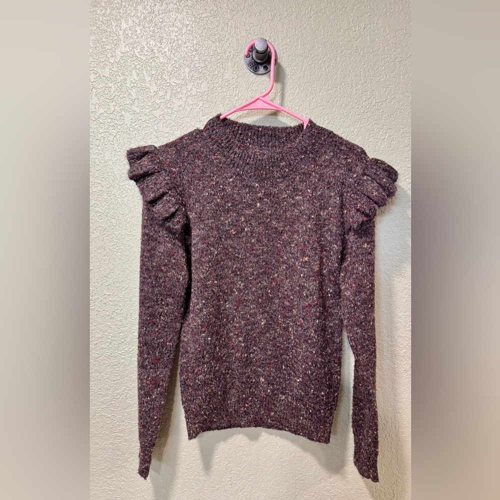 Molly Bracken Speckled Ruffle-Shoulder Crewneck Sweater M